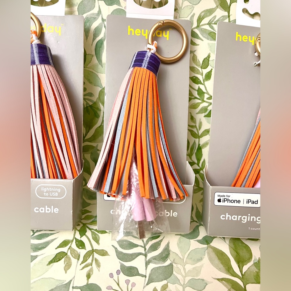 Lightning to USB Charging Cable Colorful Tassel Keychain for iPhone Orange Pink